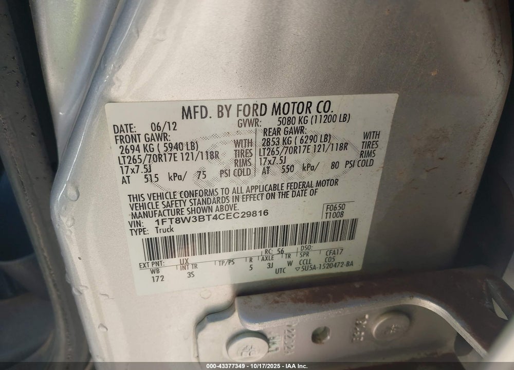 2012 FORD F-350 XLT VIN: 1FT8W3BT4CEC29816