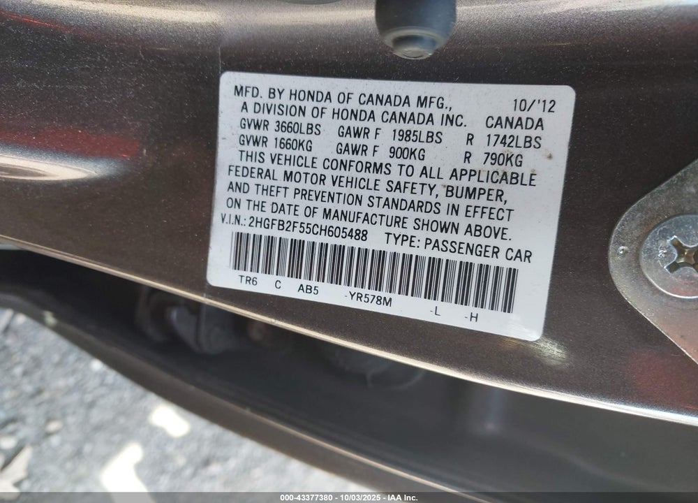 2012 HONDA CIVIC VIN: 2HGFB2F55CH605488