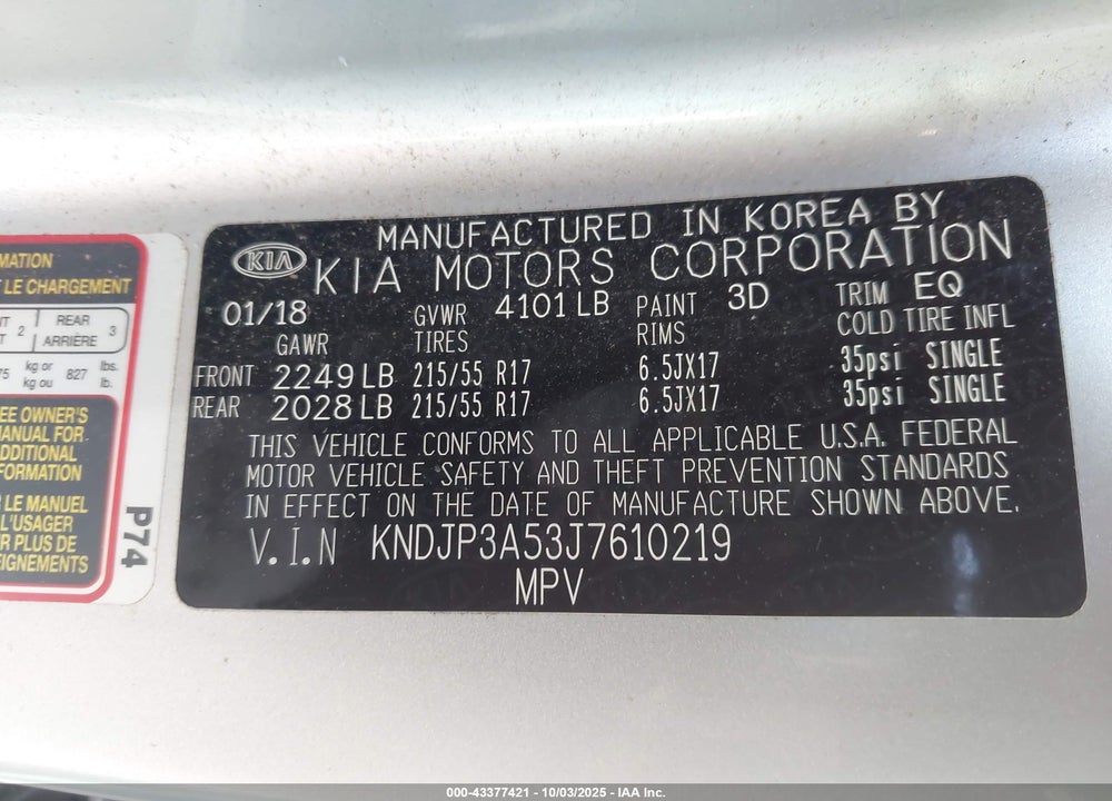 2018 KIA SOUL VIN: KNDJP3A53J7610219