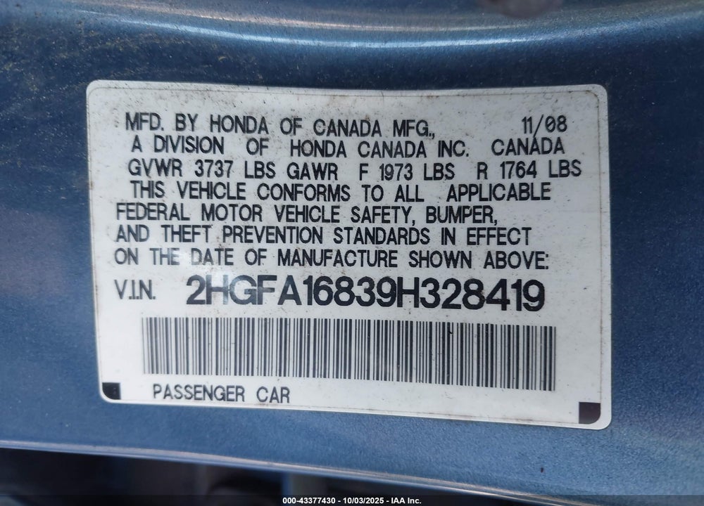 2009 HONDA CIVIC VIN: 2HGFA16839H328419