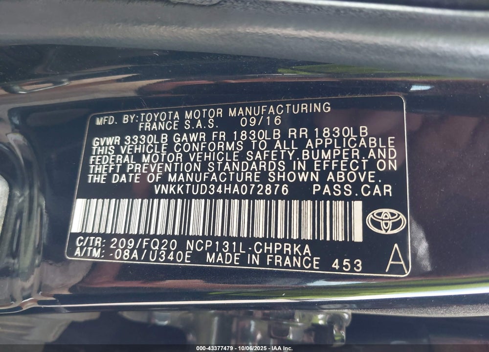 2017 TOYOTA YARIS L VIN: VNKKTUD34HA072876