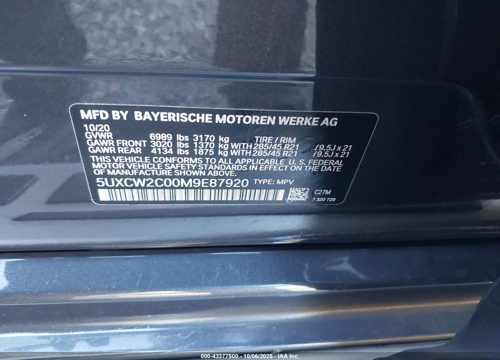 2021 BMW X7 XDRIVE40I VIN: 5UXCW2C00M9E87920