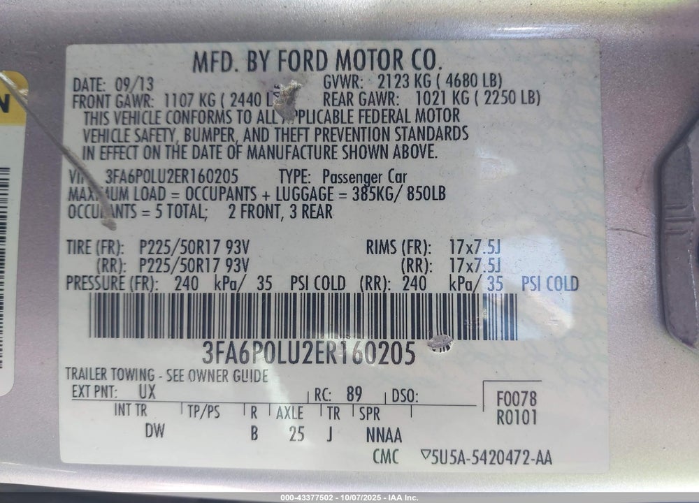 2014 FORD FUSION HYBRID SE VIN: 3FA6P0LU2ER160205