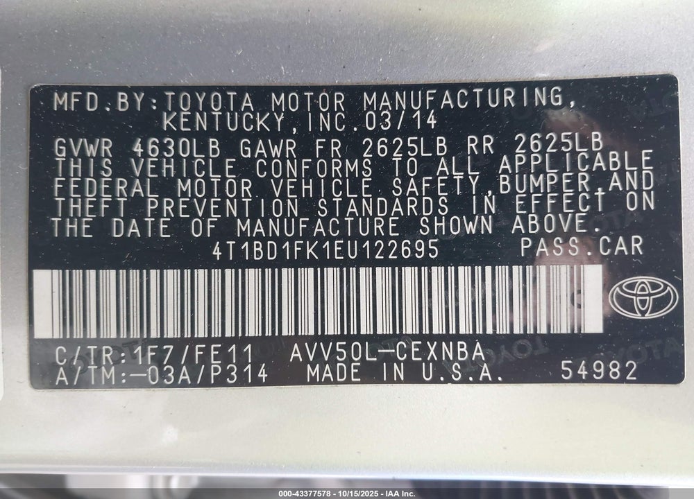 2014 TOYOTA CAMRY HYBRID VIN: 4T1BD1FK1EU122695