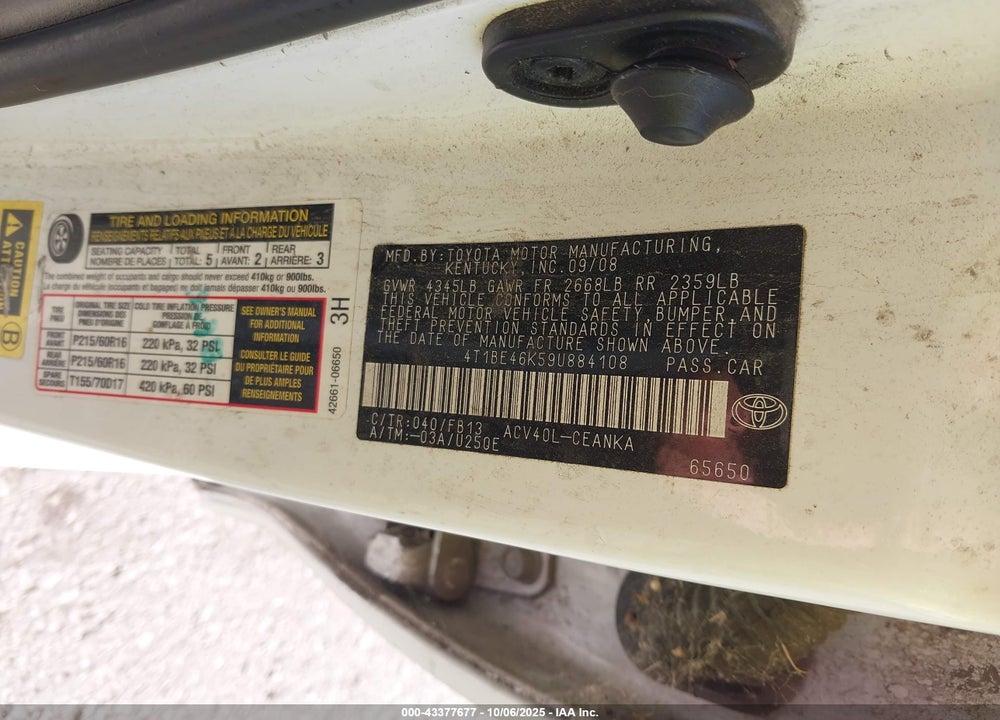 2009 TOYOTA CAMRY VIN: 4T1BE46K59U884108