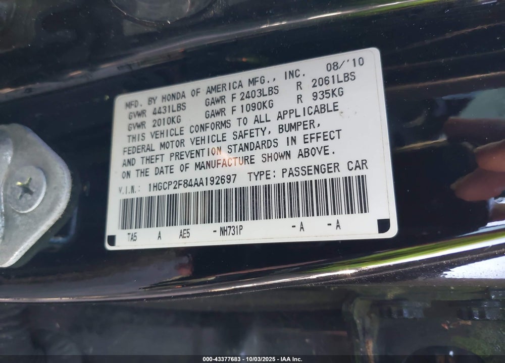 2010 HONDA ACCORD VIN: 1HGCP2F84AA192697