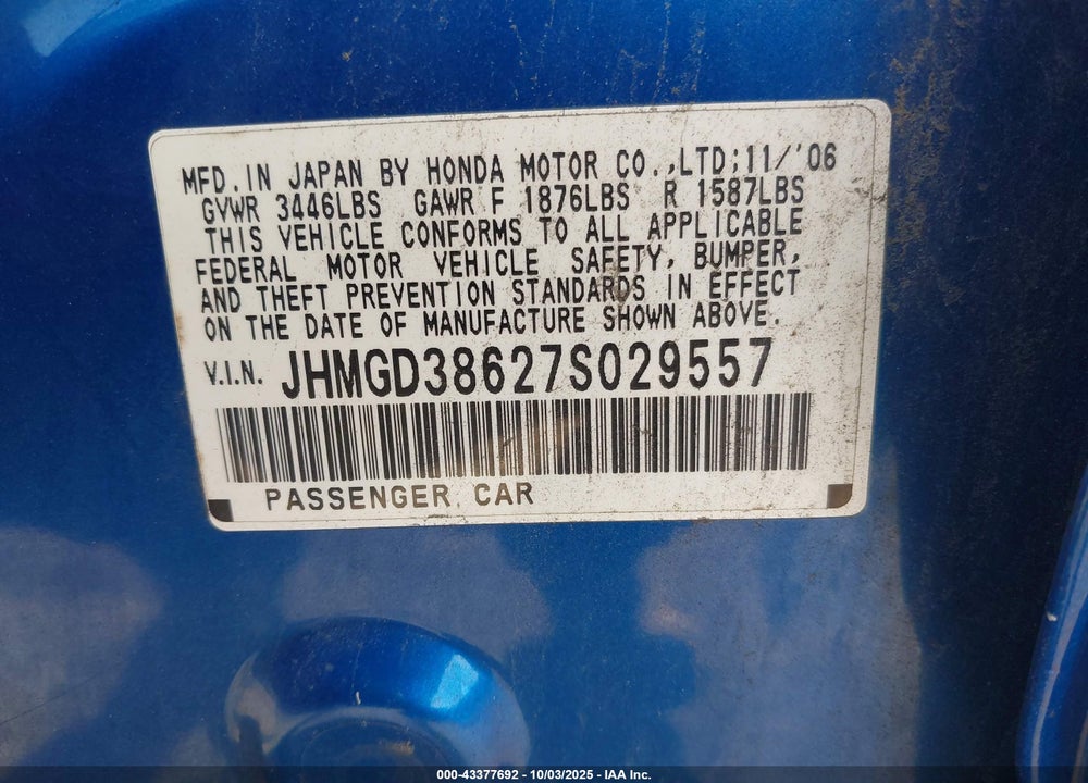 2007 HONDA FIT VIN: JHMGD38627S029557