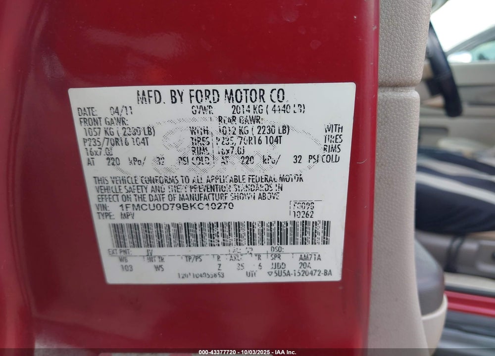 2011 FORD ESCAPE VIN: 1FMCU0D79BKC10270
