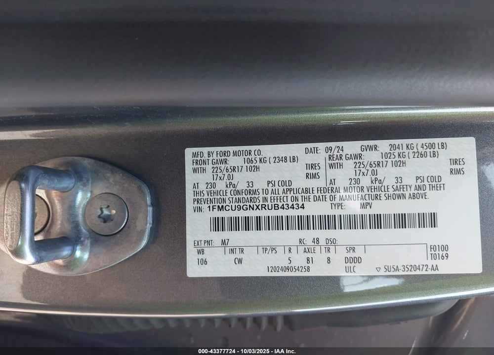 2024 FORD ESCAPE ACTIVE VIN: 1FMCU9GNXRUB43434