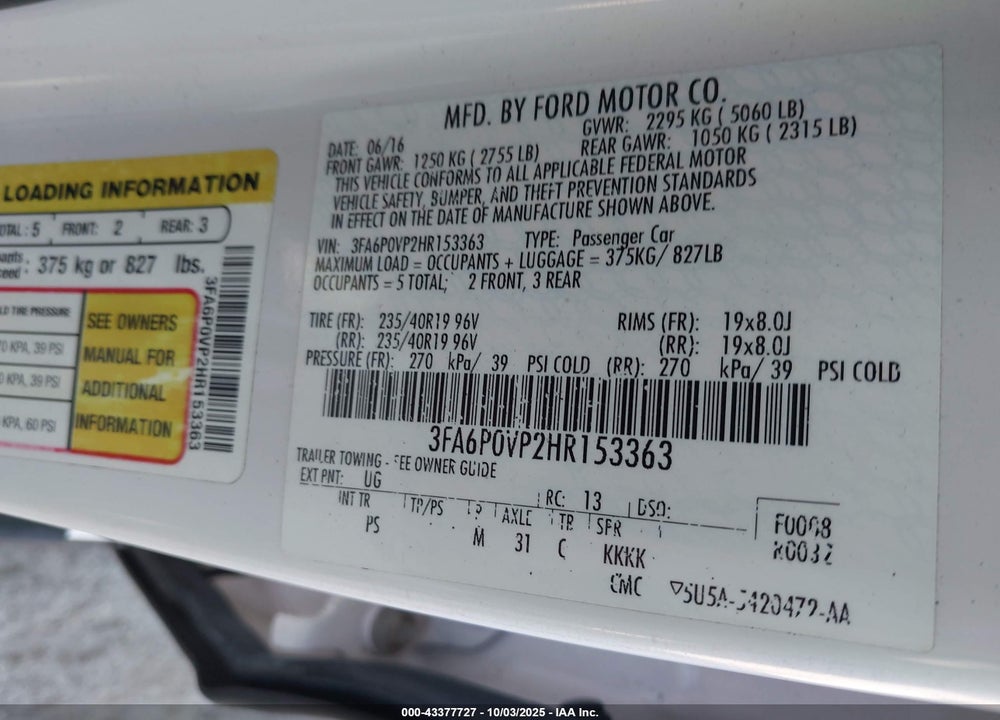 2017 FORD FUSION VIN: 3FA6P0VP2HR153363