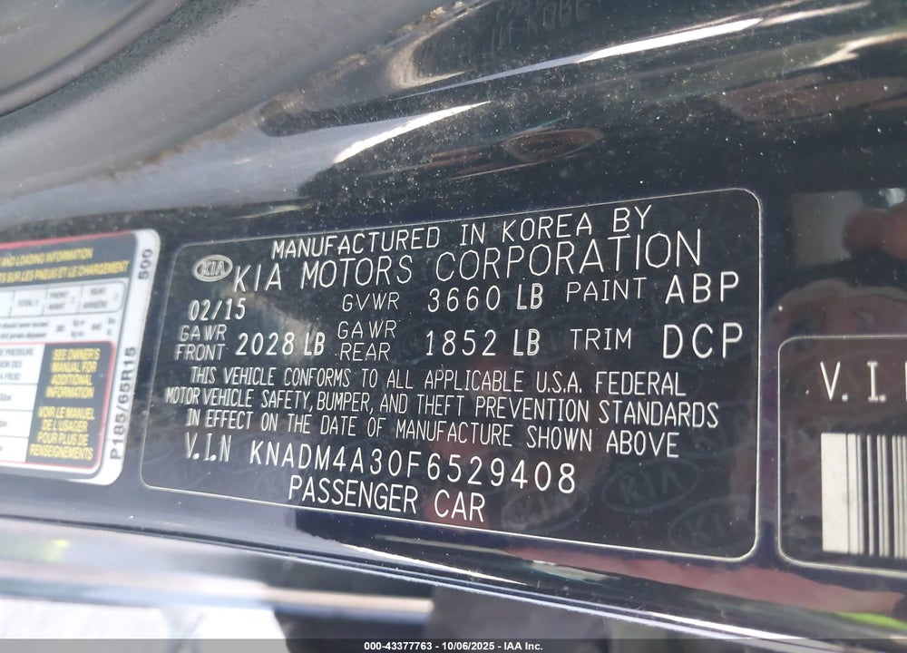 2015 KIA RIO VIN: KNADM4A30F6529408