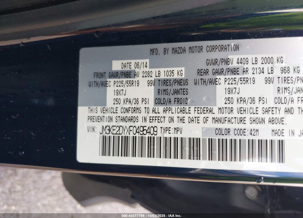 2015 MAZDA CX-5 VIN: JM3KE2DYXF0495409