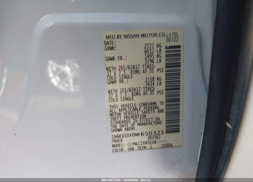 2022 NISSAN FRONTIER VIN: 1N6ED1EK0NN650321