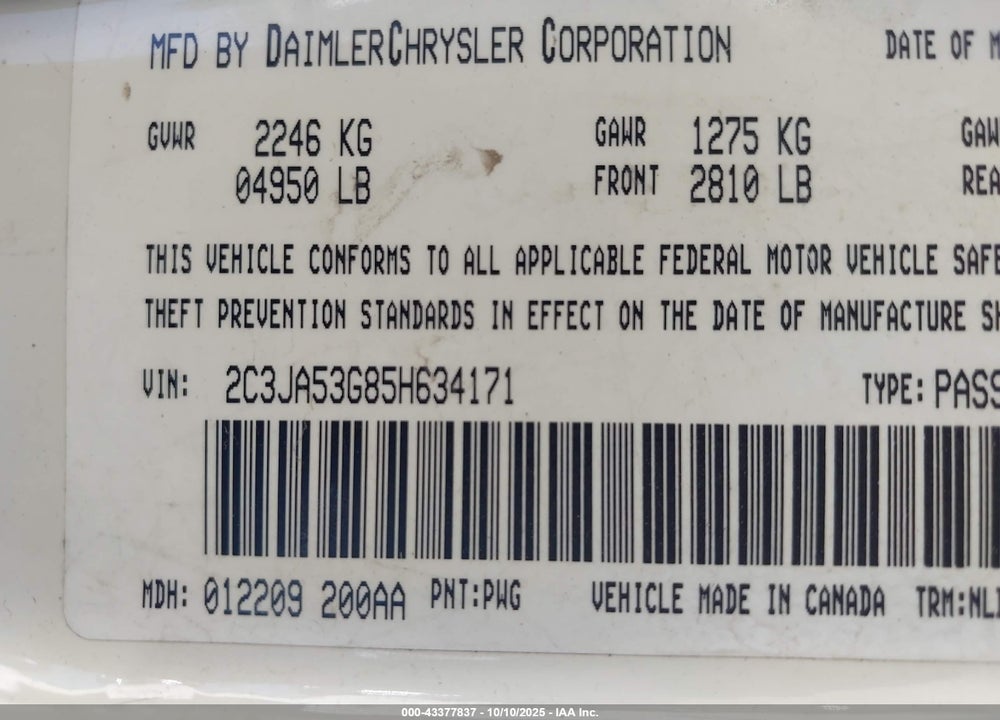 2005 CHRYSLER 300 TOURING VIN: 2C3JA53G85H634171