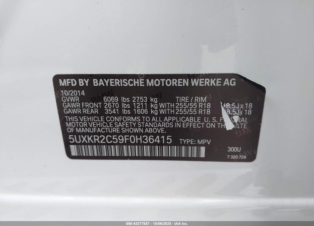 2015 BMW X5 VIN: 5UXKR2C59F0H36415