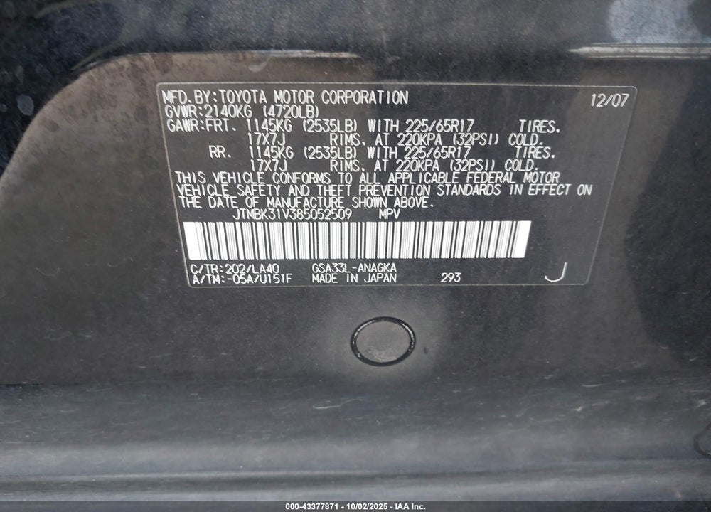 2008 TOYOTA RAV4 VIN: JTMBK31V385052509