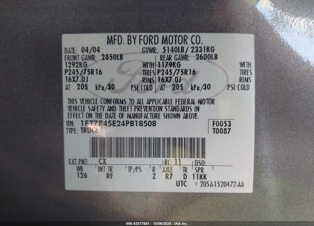 2004 FORD RANGER EDGE/TREMOR/XLT VIN: 1FTZR45E24PB18508