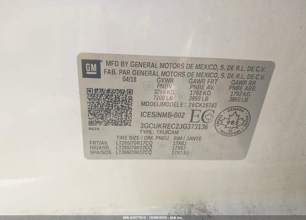2018 CHEVROLET SILVERADO 1500 VIN: 3GCUKREC2JG373136