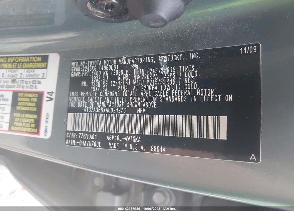2010 TOYOTA VENZA VIN: 4T3ZA3BBXAU021276