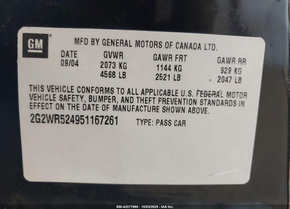 2005 PONTIAC GRAND PRIX GTP VIN: 2G2WR524951167261