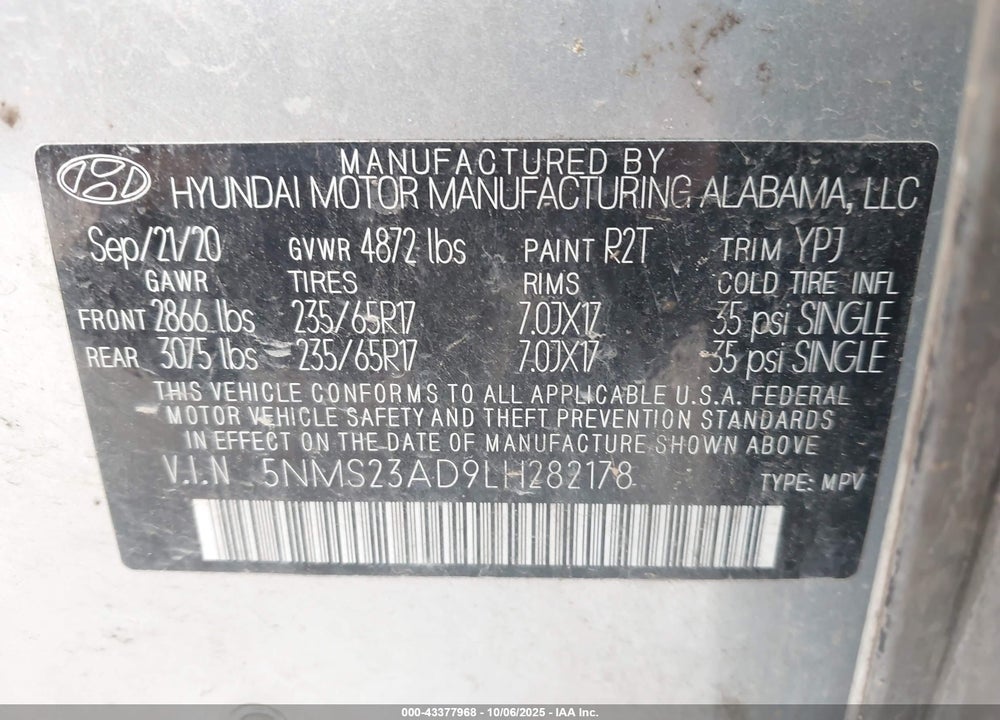 2020 HYUNDAI SANTA FE SE VIN: 5NMS23AD9LH282178