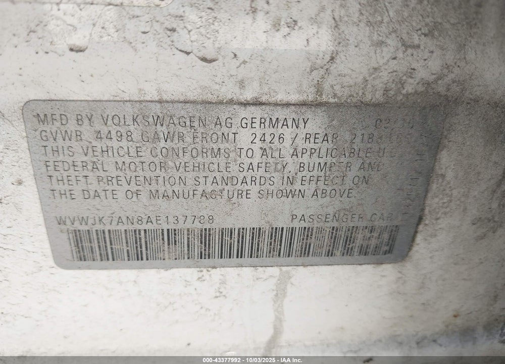 2010 VOLKSWAGEN PASSAT KOMFORT VIN: WVWJK7AN8AE137788