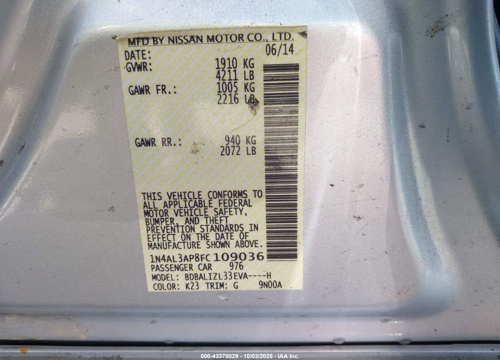 2015 NISSAN ALTIMA VIN: 1N4AL3AP8FC109036