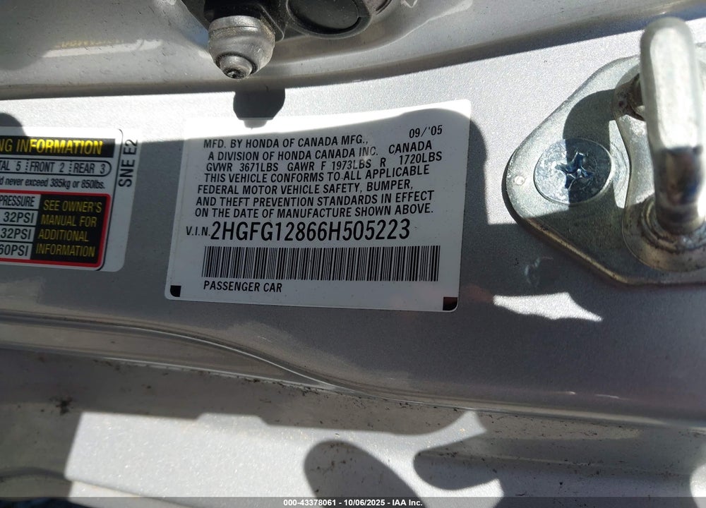 2006 HONDA CIVIC EX VIN: 2HGFG12866H505223