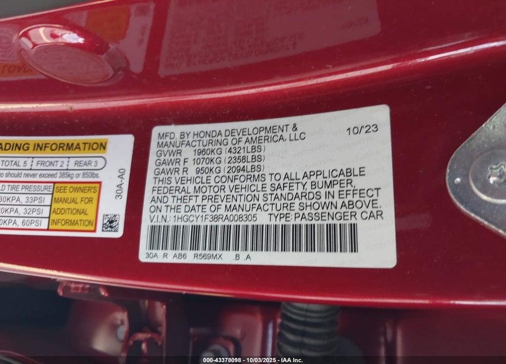 2024 HONDA ACCORD EX VIN: 1HGCY1F38RA008305