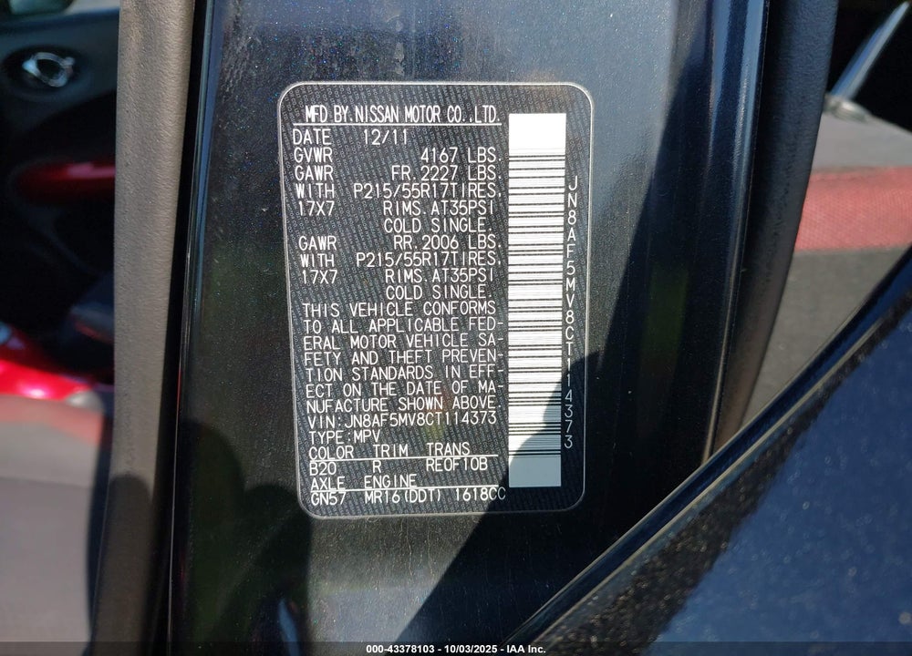 2012 NISSAN JUKE VIN: JN8AF5MV8CT114373