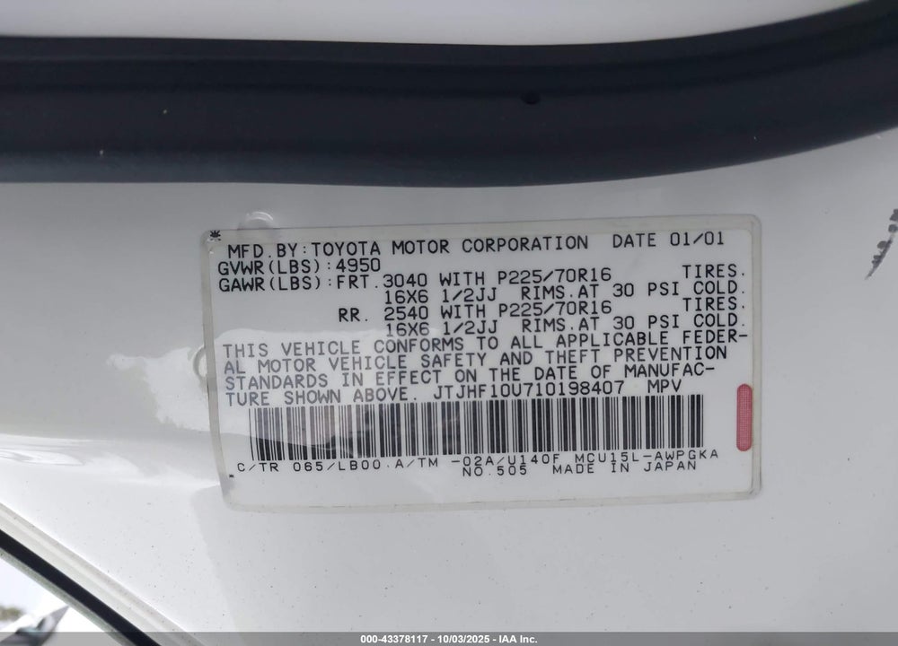 2001 LEXUS RX 300 VIN: JTJHF10U710198407
