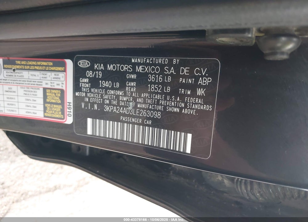 2020 KIA RIO S VIN: 3KPA24AD3LE263098