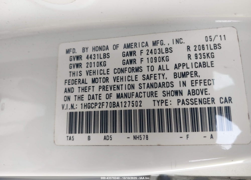 2011 HONDA ACCORD VIN: 1HGCP2F70BA127502