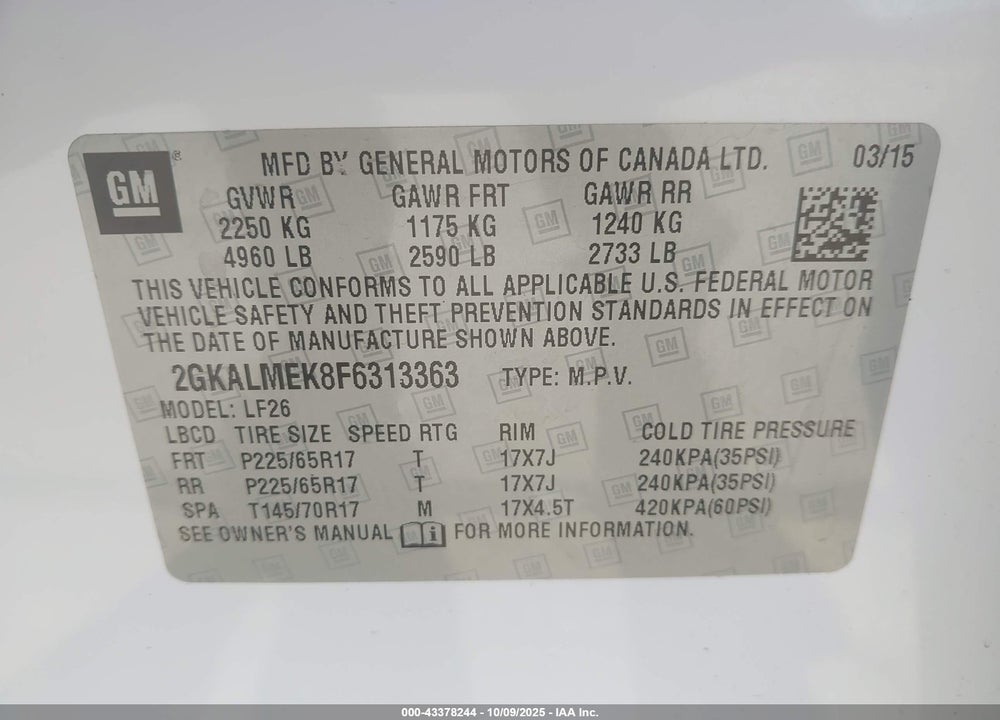 2015 GMC TERRAIN SLE-1 VIN: 2GKALMEK8F6313363