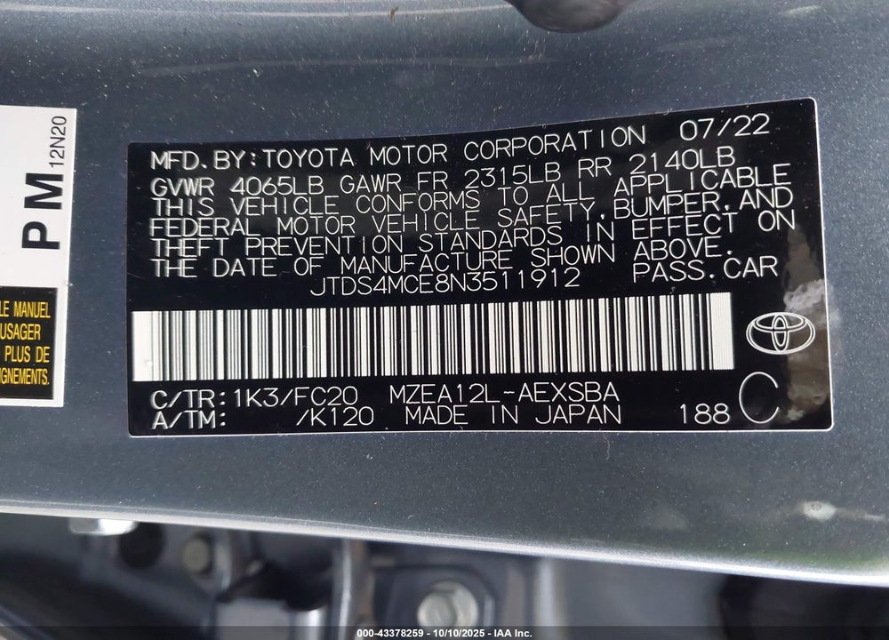 2022 TOYOTA COROLLA VIN: JTDS4MCE8N3511912