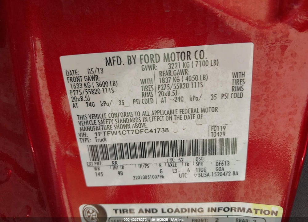2013 FORD F-150 PLATINUM VIN: 1FTFW1CT7DFC41738