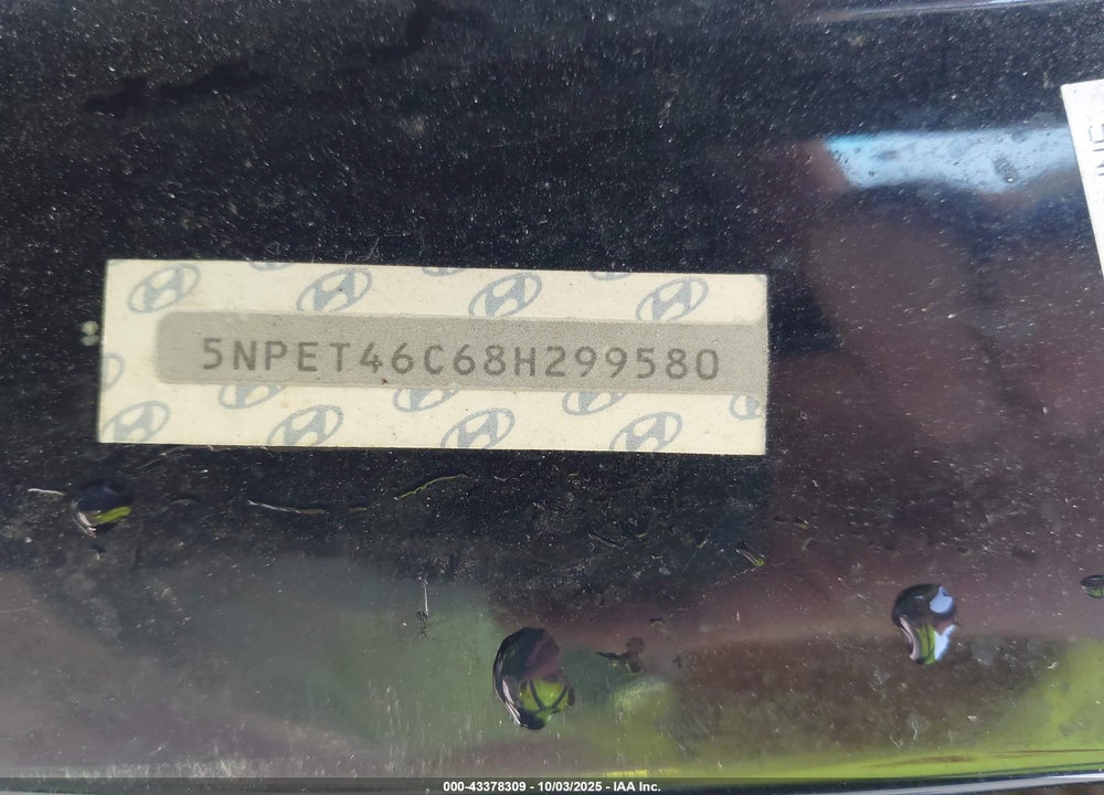 2008 HYUNDAI SONATA VIN: 5NPET46C68H299580