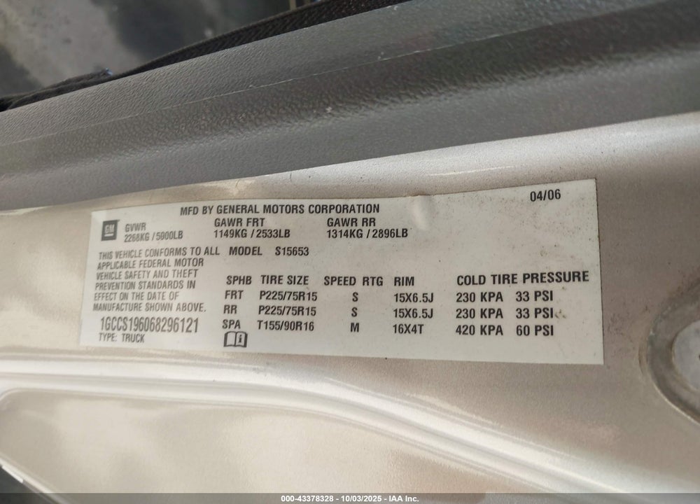 2006 CHEVROLET COLORADO VIN: 1GCCS196068296121