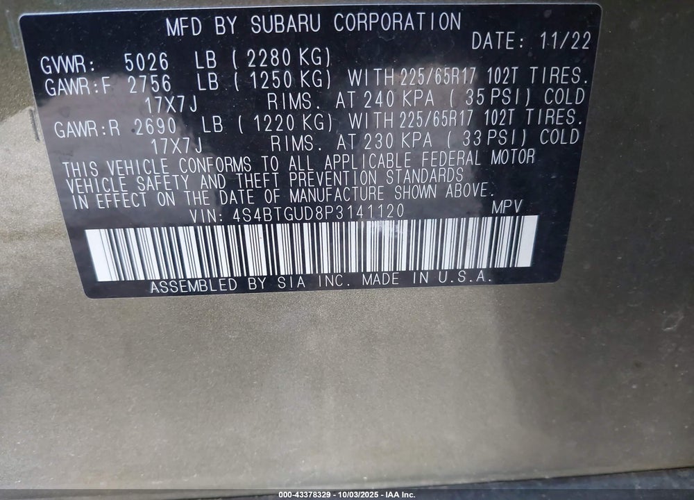 2023 SUBARU OUTBACK WILDERNESS VIN: 4S4BTGUD8P3141120