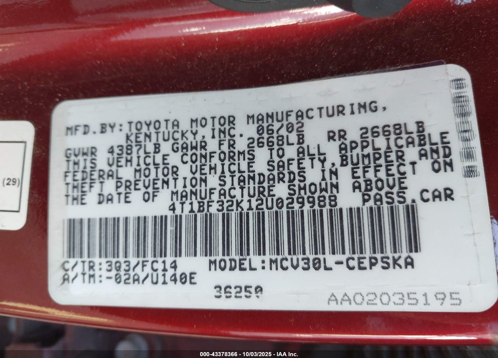 2002 TOYOTA CAMRY SE V6 VIN: 4T1BF32K12U029988