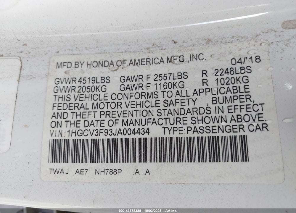 2018 HONDA ACCORD HYBRID TOURING VIN: 1HGCV3F93JA004434