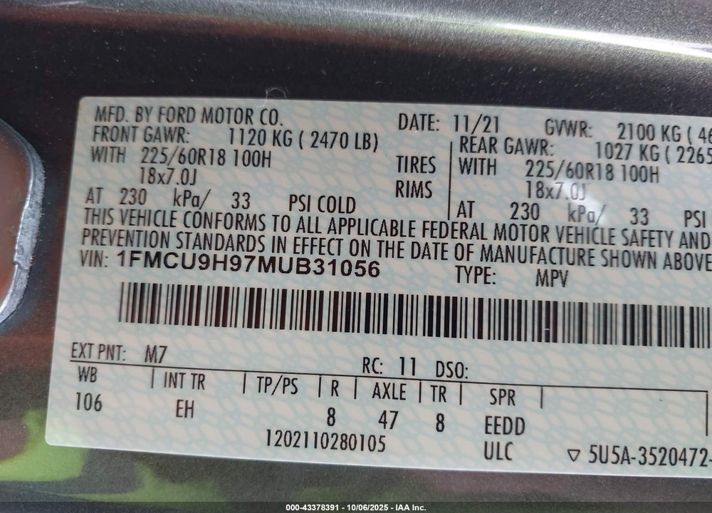 2021 FORD ESCAPE SEL VIN: 1FMCU9H97MUB31056