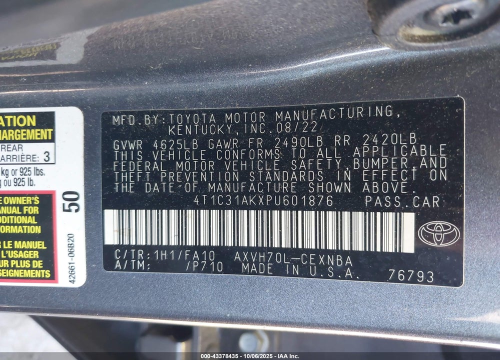 2023 TOYOTA CAMRY LE HYBRID VIN: 4T1C31AKXPU601876