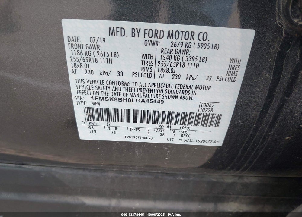 2020 FORD EXPLORER VIN: 1FMSK8BH0LGA45449