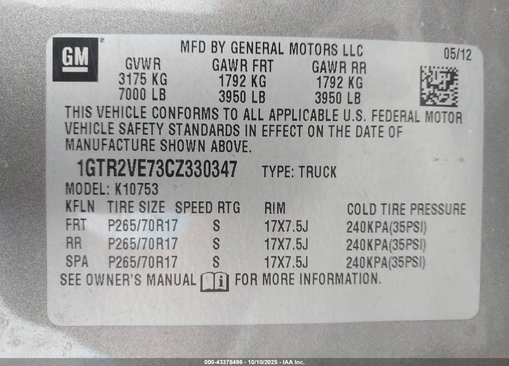 2012 GMC SIERRA 1500 SLE VIN: 1GTR2VE73CZ330347