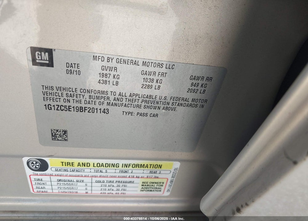 2011 CHEVROLET MALIBU VIN: 1G1ZC5E19BF201143