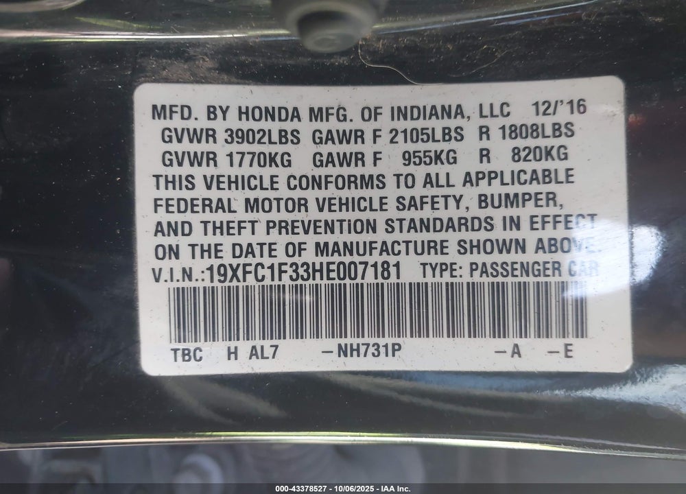 2017 HONDA CIVIC VIN: 19XFC1F33HE007181