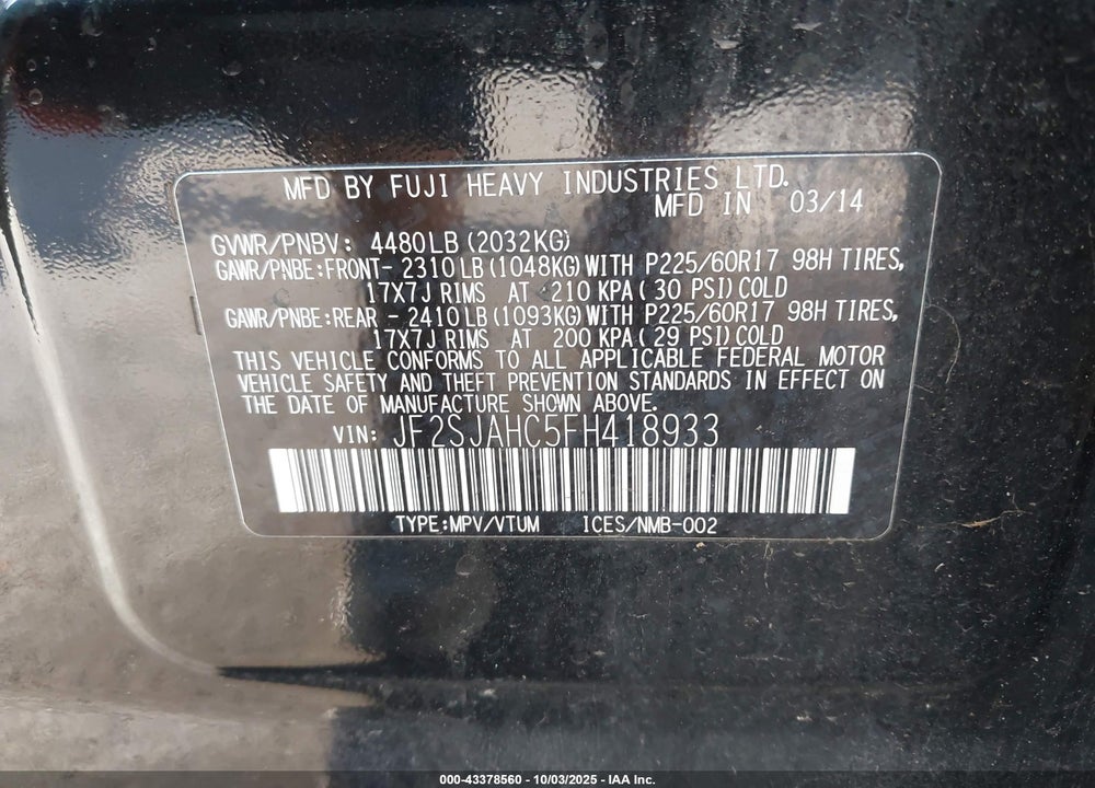 2015 SUBARU FORESTER 2.5I LIMITED VIN: JF2SJAHC5FH418933