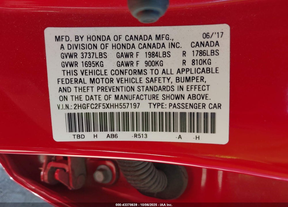 2017 HONDA CIVIC VIN: 2HGFC2F5XHH557197
