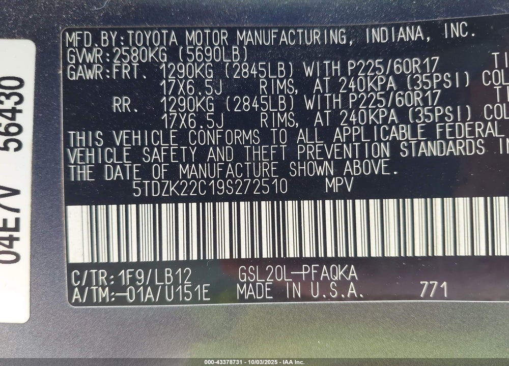 2009 TOYOTA SIENNA LIMITED VIN: 5TDZK22C19S272510